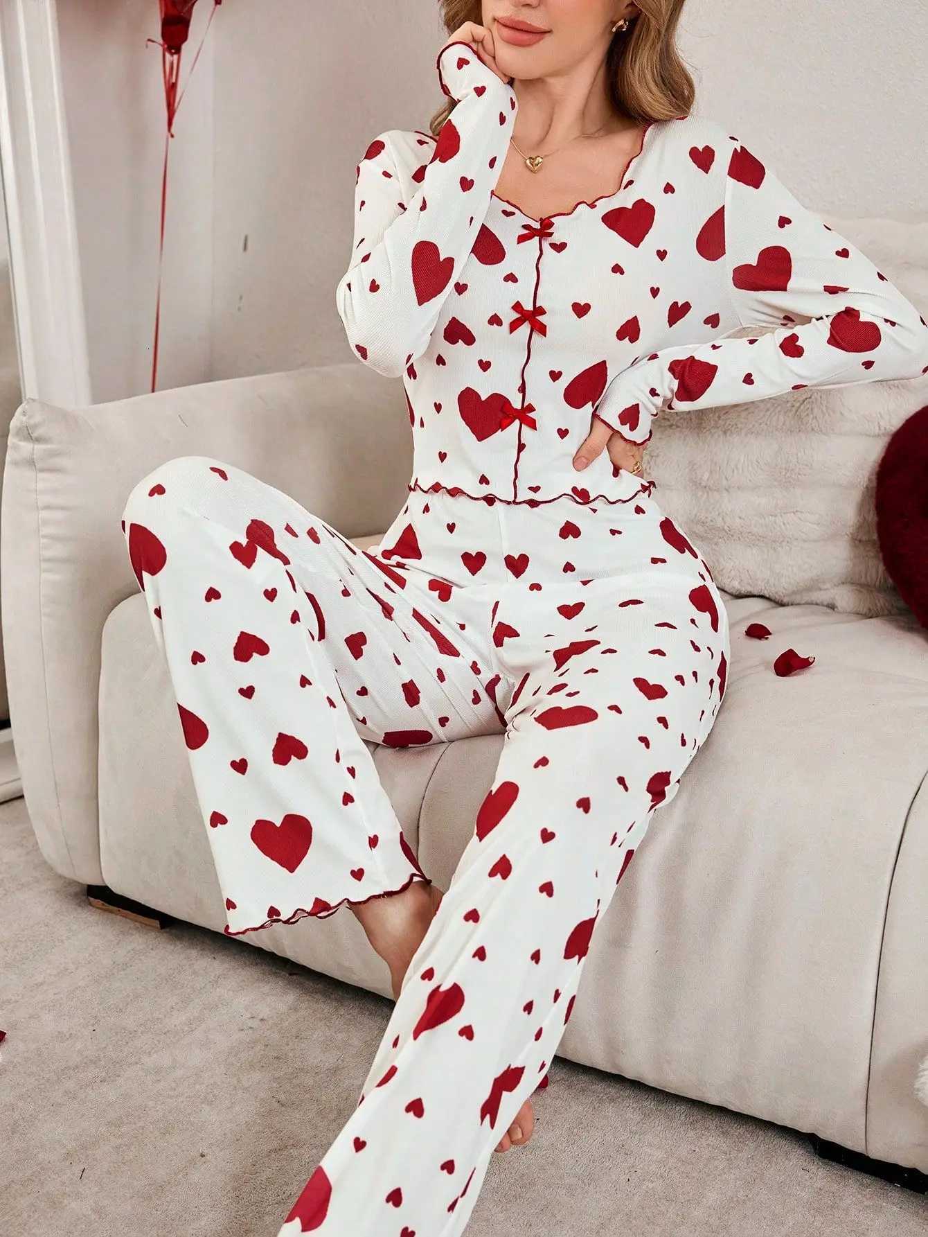 Women Autumn Winter Sleepwear Heart Print Long Sleeve Tops with Long Pants Trouser 2 Pieces Pajamas Sets LoungewearT251014