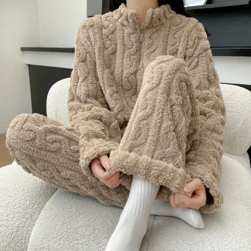 Thickened Pajama Pants Set Piece Set Womens Warm Coral Velvet Half Zip Long Sleeve Sleepwear Elastic Striped Jacquard Homewear Y251013