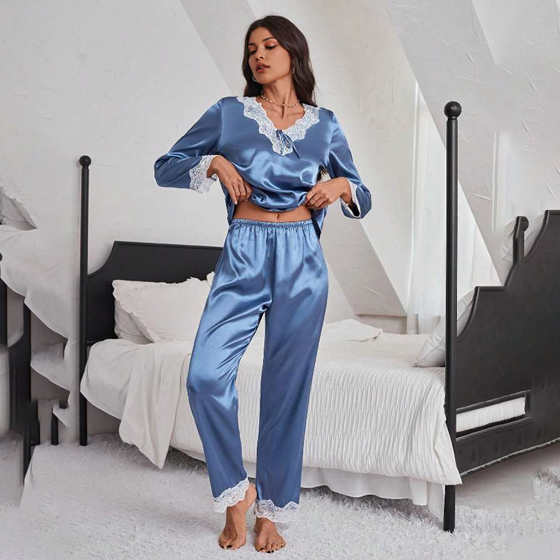 Women's Spring/Fall Silk Satin Lace Trim Tie-Waist Long-Sleeve Pajama Set