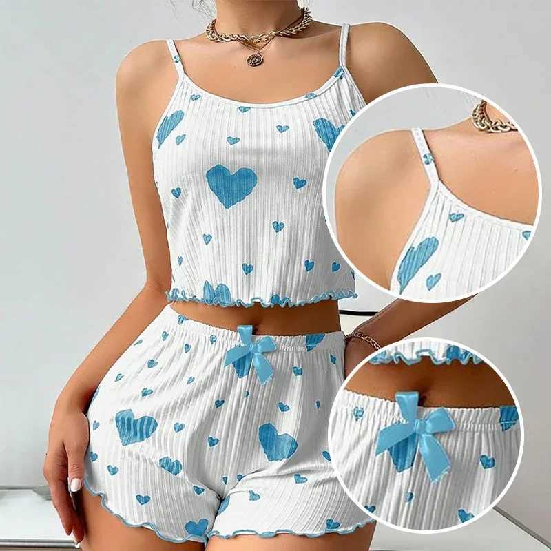 Womens Pajamas Set Sleepwear 2 PCS Short Tank Tops And Shorts S M L White Ventilate Soft Casual Love PrintingT251014