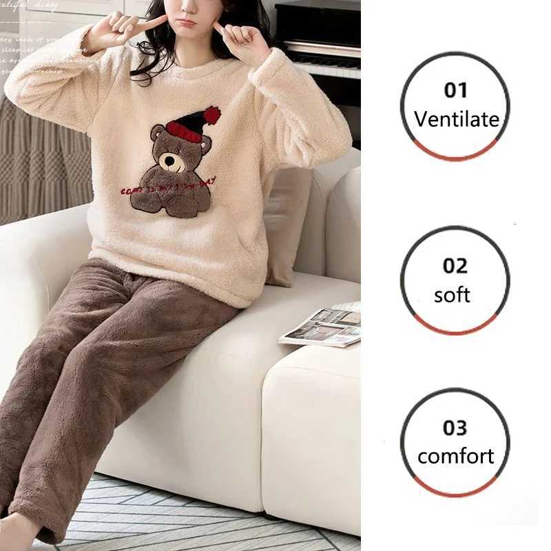 Thickened Warm Large Size Padded Fall and Winter Womens Pajamas Top and Pants Set Coral Velvet Ladies Cartoon Bear 2PCSSetT251014