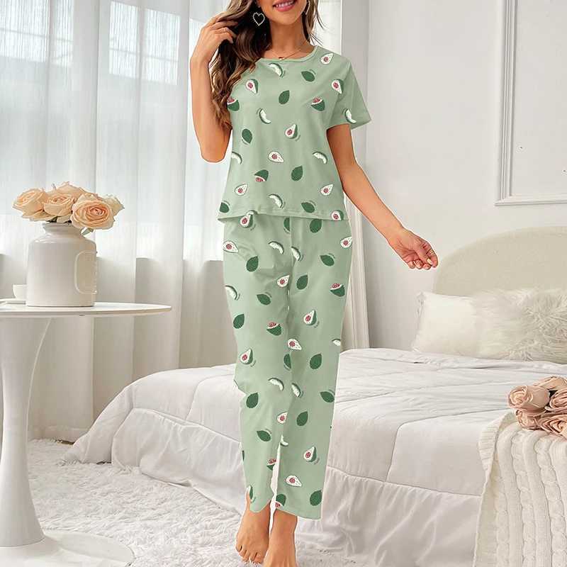 Avocado Print Womens Satin Pajama Set ShortSleeve Tee And Long Pants Fresh Style Cute Sleepwear Loungewear Autumn Comfy PjsT251014