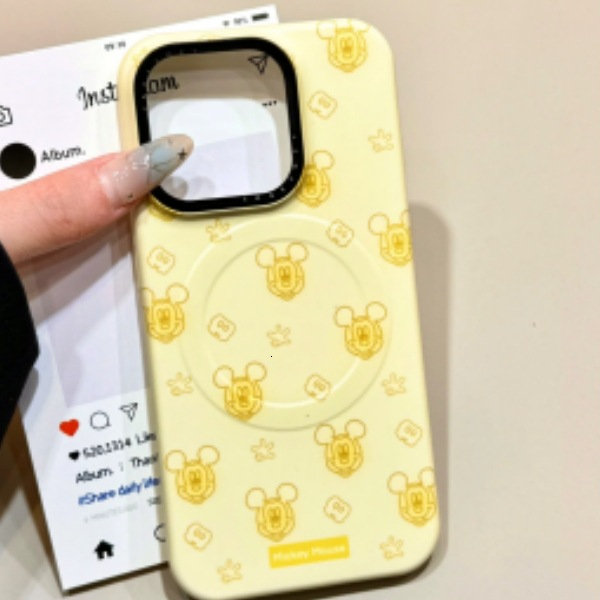 for iPhone 16 Pro Case with Yellow and Blue Background Pattern 3D Mouse Carousel Stand Leather Touch Comfortable Handcrafted Cover for iPhone