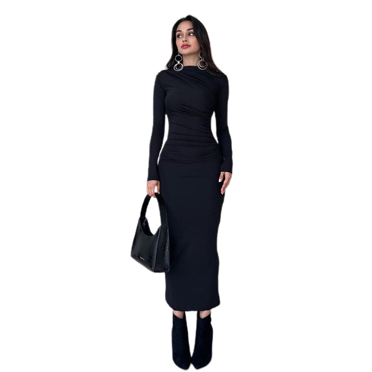 D1014European and American cross-border slim-fitting high-end solid color temperament long hip-wrapped dress for women