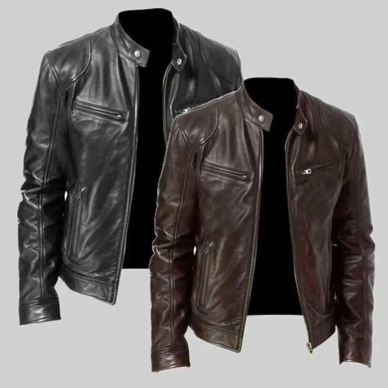 2024 Spring Mens Fashion Leather Jacket Slim Fit Stand Collar PU Jacket Male Antiwind Motorcycle Lapel Diagonal Zipper Jackets J251014