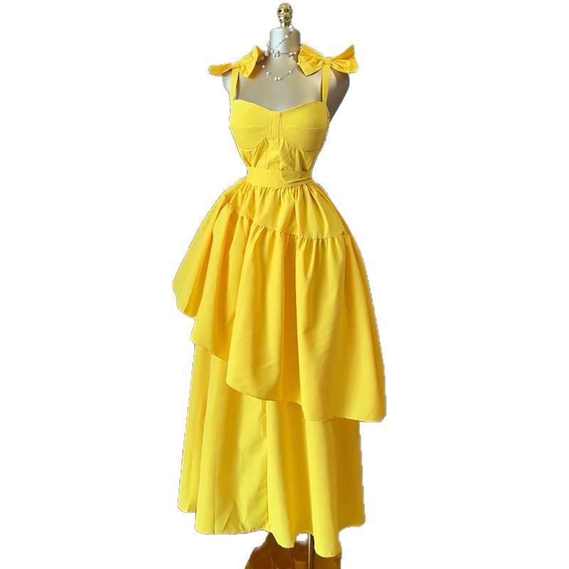 F22042 women's dress female temperament solid color bow high waist irregular suspender dress