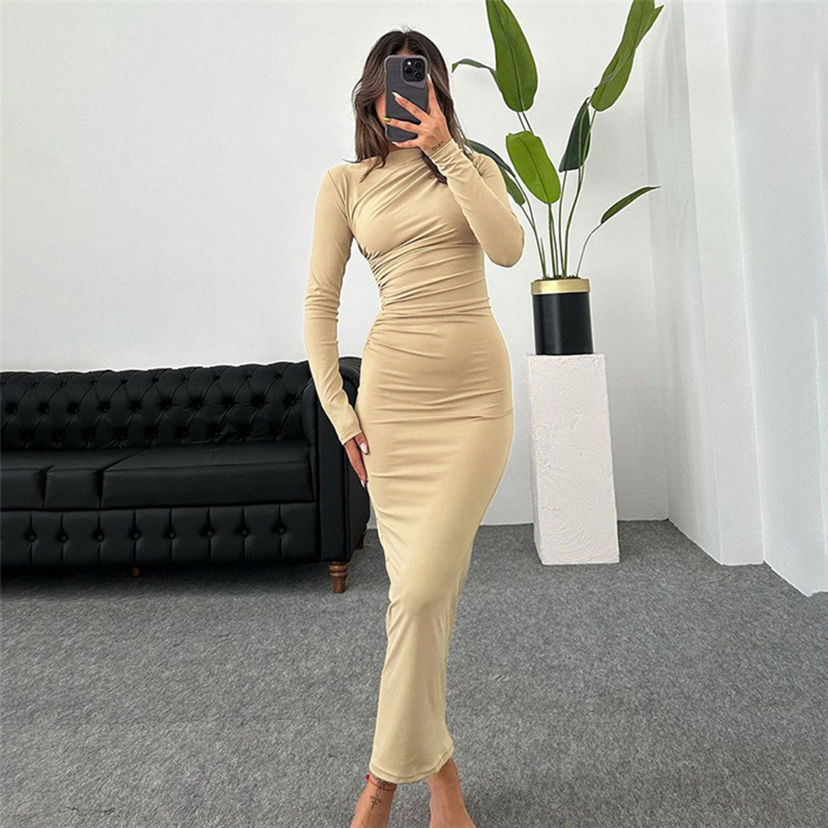 D1014European and American cross-border slim-fitting high-end solid color temperament long hip-wrapped dress for women