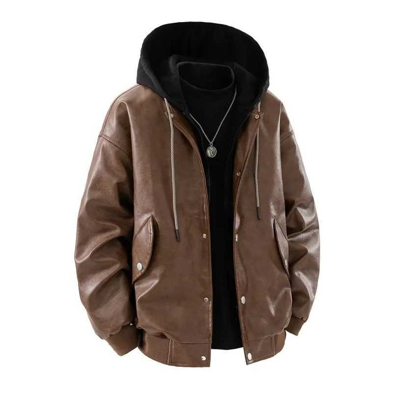 Fake Two piece Hooded Leather Jacket Men American Vintage Mens PU Leather Motorcycle Jackets Trendy Versatile Streetwear Coat J251014