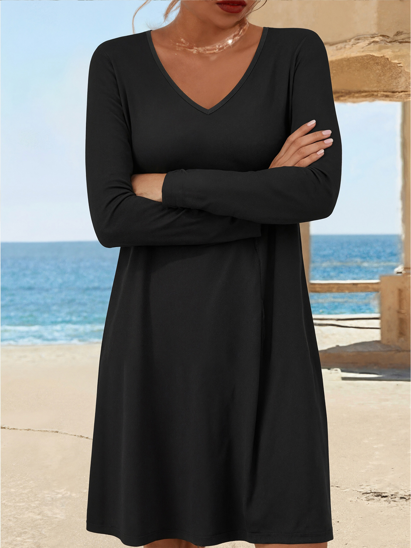 Women's Autumn Winter Solid Color French - Style Elegant Black Midi Dress - Versatile Office & Daily Wear DressCF51211