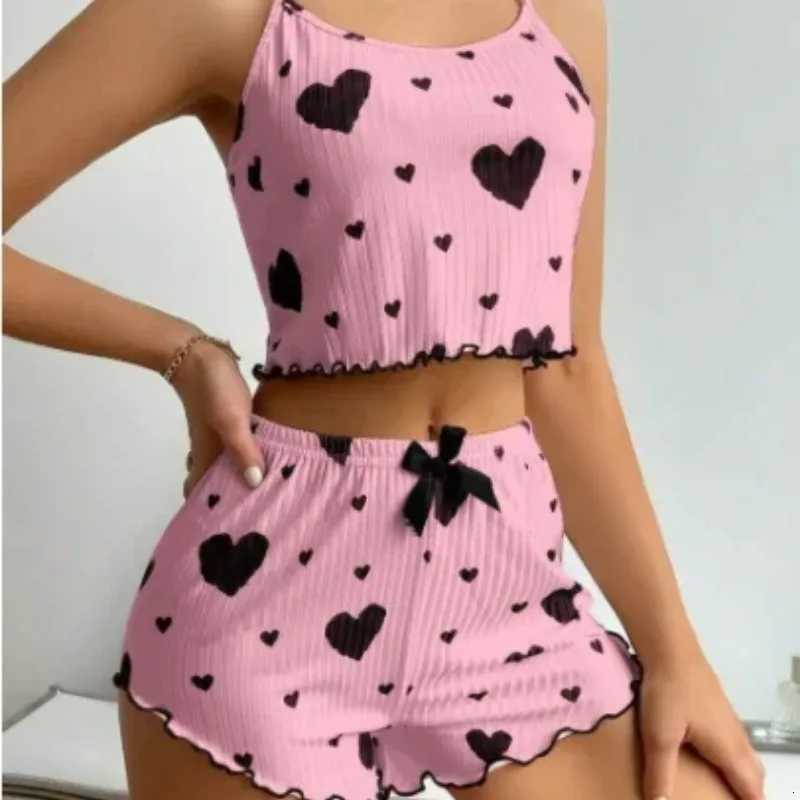 Hot Selling Womens Pajamas Set Sleepwear Short Tank Tops And Shorts White Ventilate Soft Casual Red Love Printing SleepwearT251014