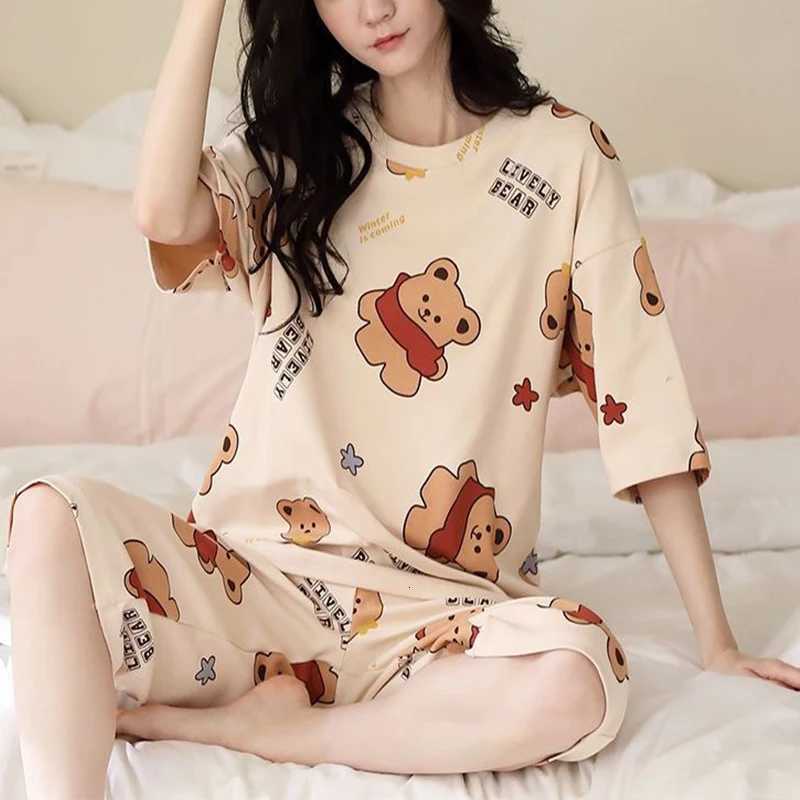 Women Summer Spring Two Pieces Sets Pajamas Short Sleeve ONeck Top Shorts Pants Homewear Loose Cartoon Bear Printing Thin SoftT251014