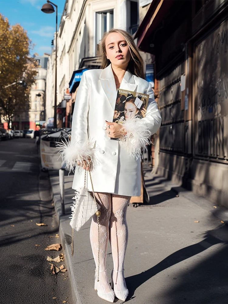 Women Feather Patchwork Pant Set Fashion Solid Satin Double Breasted Lapel Blazer Coat Suits Lady Street Commute Outfit 251008