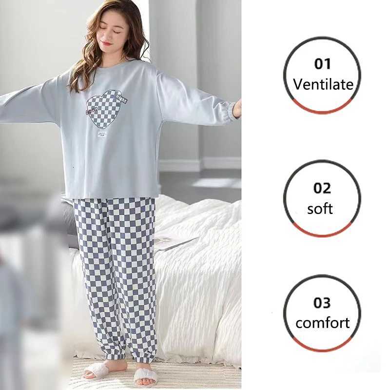 Pajamas Women Long Sleeve Long Pants Set Loose Plaid Student Pajamas Can Be Worn out Household Clothing Plaid Long Pants Blue TwT251014