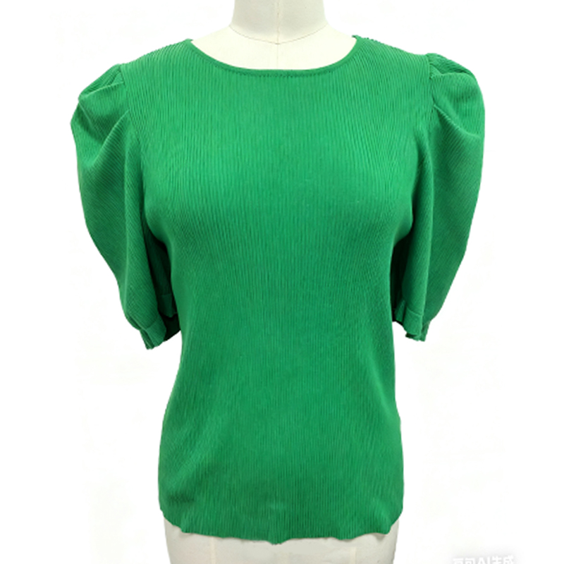 Women's T-Shirt Women's Green Ribbed Short - Sleeve Puff - Shoulder Pullover Top, Chic and Comfortable AS24-0805