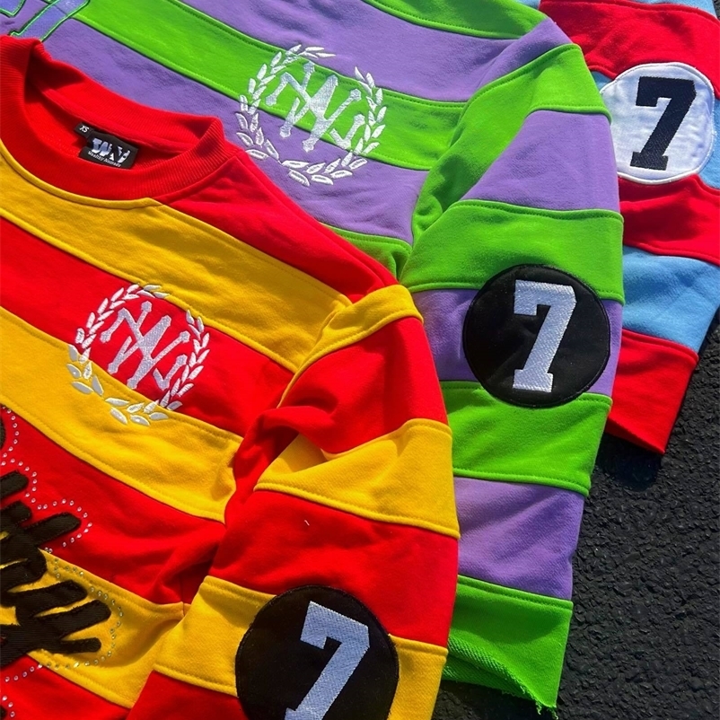 Men Women Hip Hop Patchwork Stripe Graphic T Shirt Y2k Harajuku Fashion Round Neck Shirt Long Sleeved T Shirts 251013