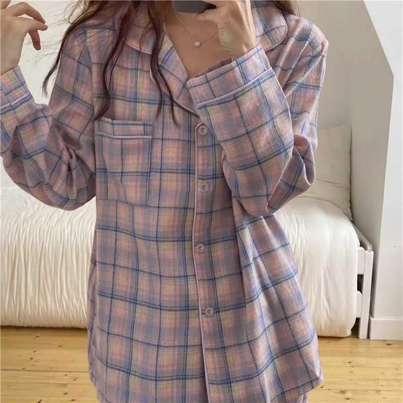 Womens Spring and Autumn New Simple Casual Pajamas Loungewear Set Girls Pajamas Thin Lapel Cardigan Pajamas Loungewear SetT251014