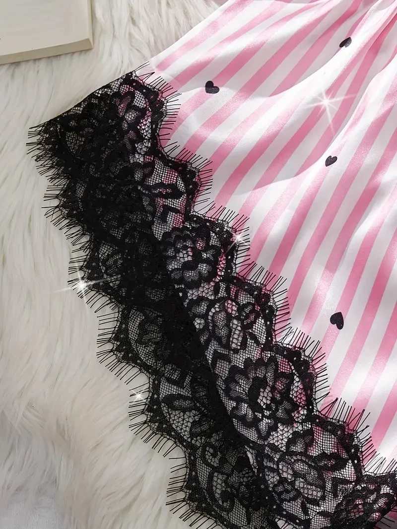 Summer Silk Satin Womens VNeck Sexy Lace Suspender Pajama Shorts Set Stripes Heart Casual Womens Sleeveless Sexy Pajama SetT251014
