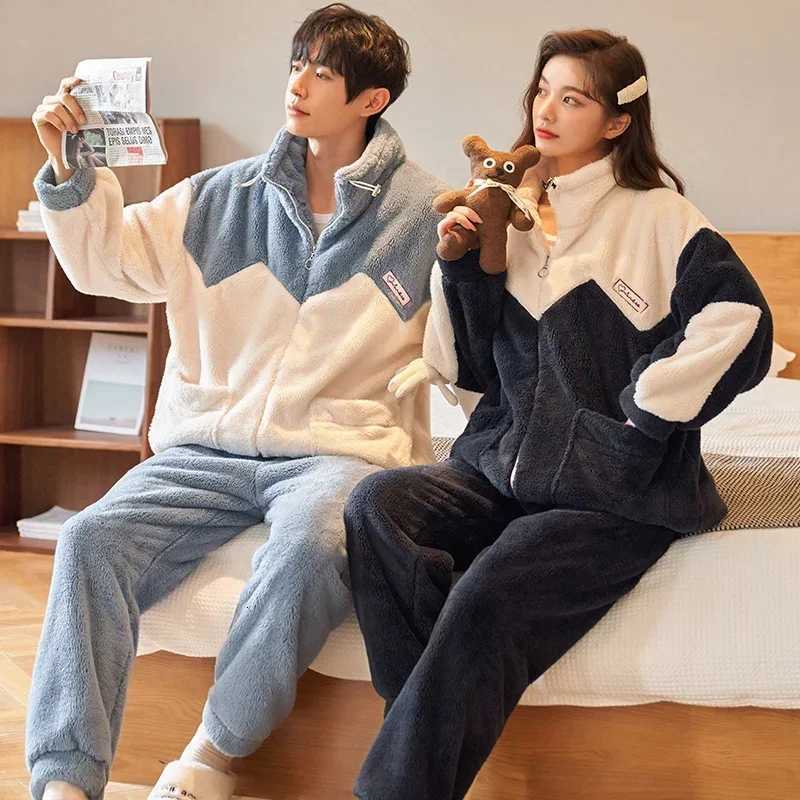 Coral Fleece Pajamas Couple Autumn and Winter Student Womens Thickened Warm Mens Flannel Loose Zipper Homewear Set pyjamasT251014