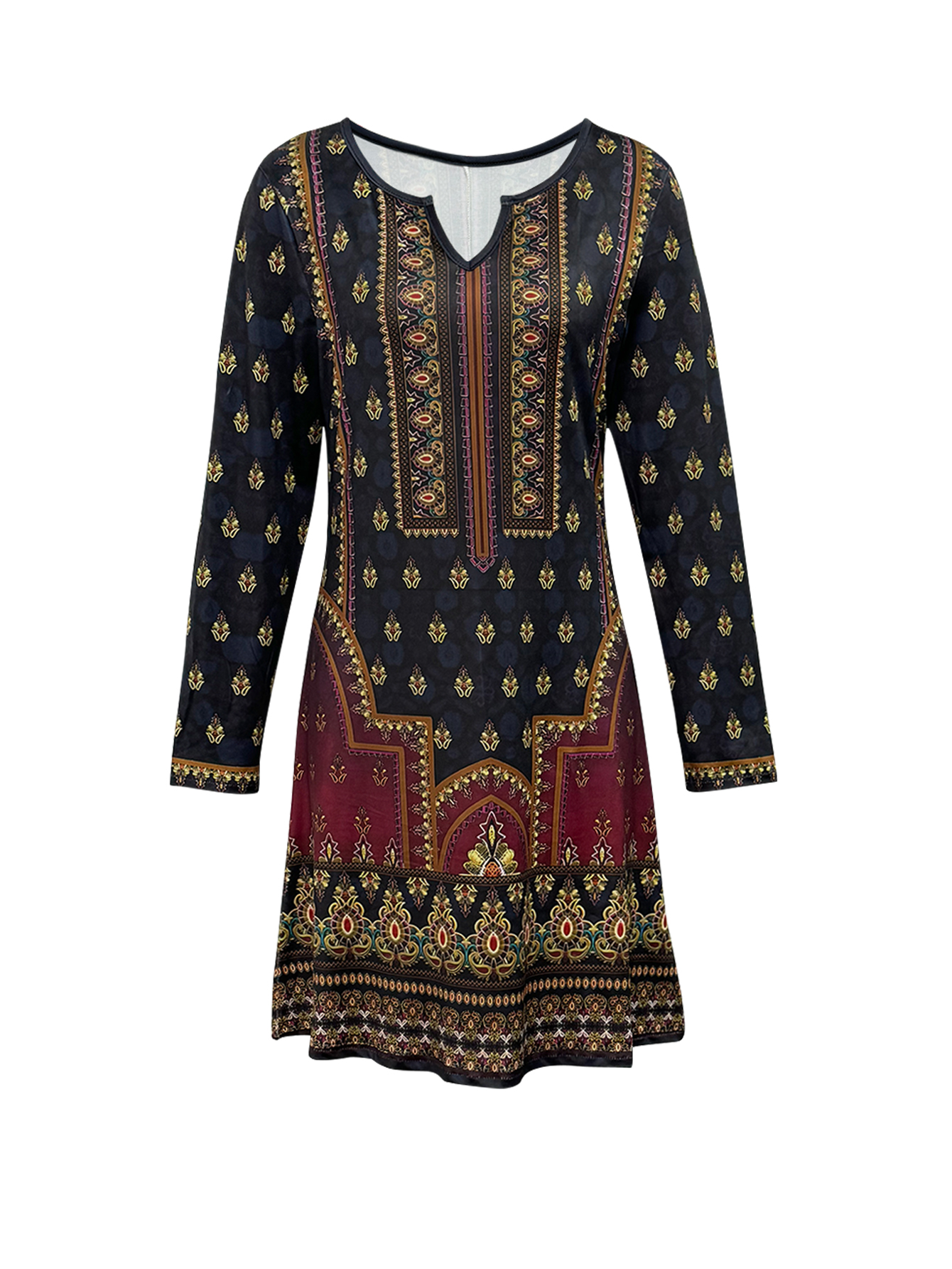 Women's Autumn Winter Retro Ethnic Paisley Printed Midi Dress-CF40021