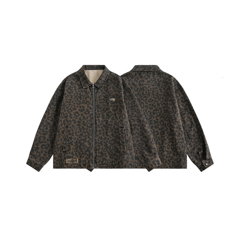 National Trend American High Street Washed Leopard Print Workwear Jacket Unisex Spring Autumn Trendy Loose TurnDown Collar Coat 250617