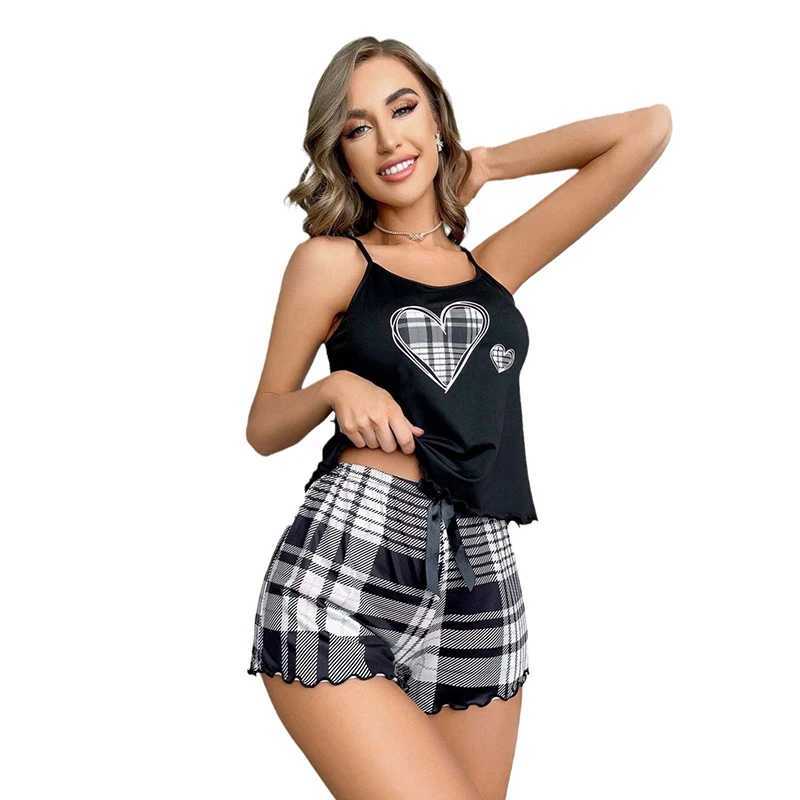 Womens new pajama suspender solid color top plaid shorts twopiece set of home wearT251014