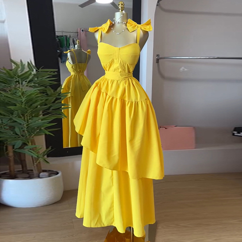 F22042 women's dress female temperament solid color bow high waist irregular suspender dress