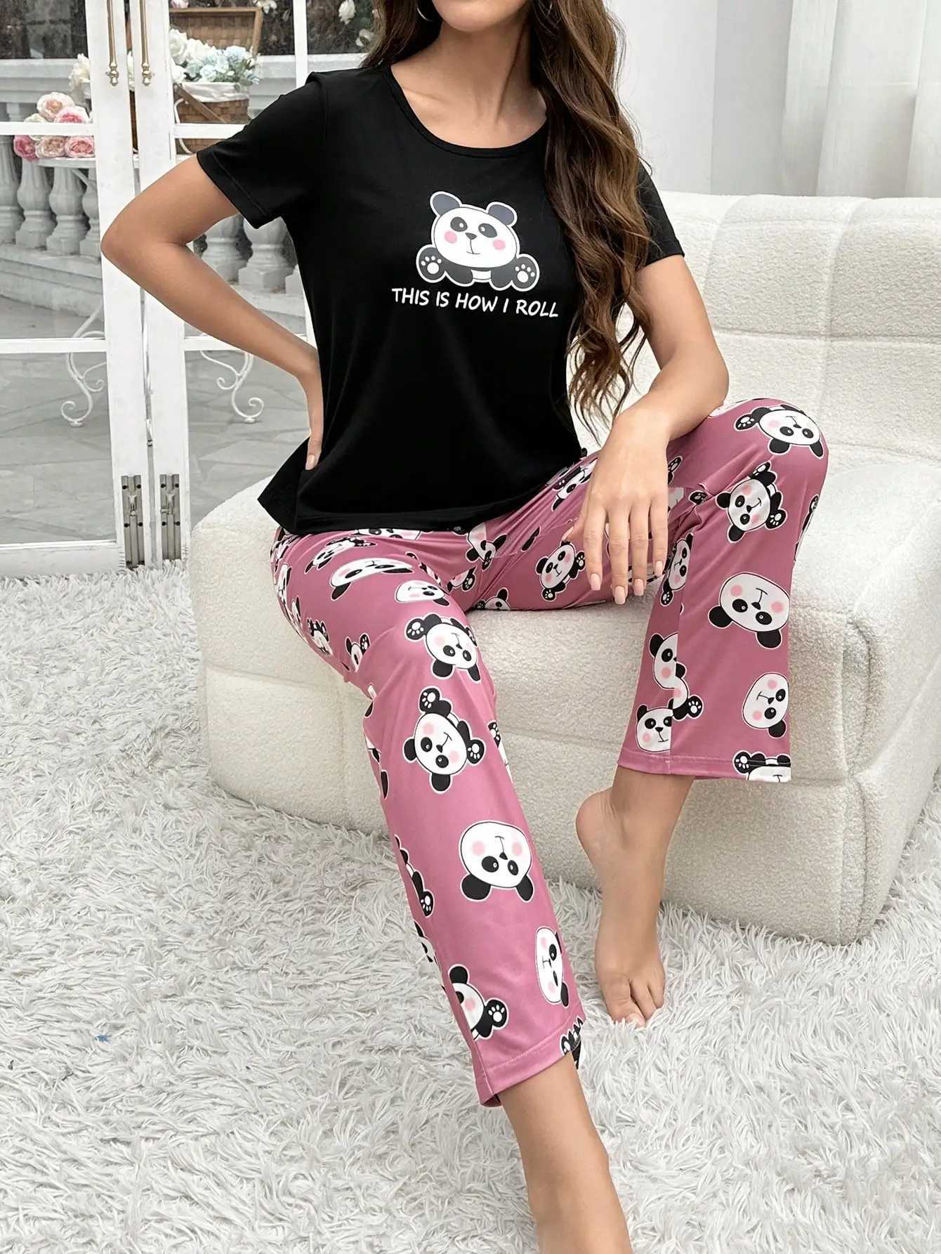 2Piece Womens Pajama Set Animal Print ShortSleeved Pants SetT251014