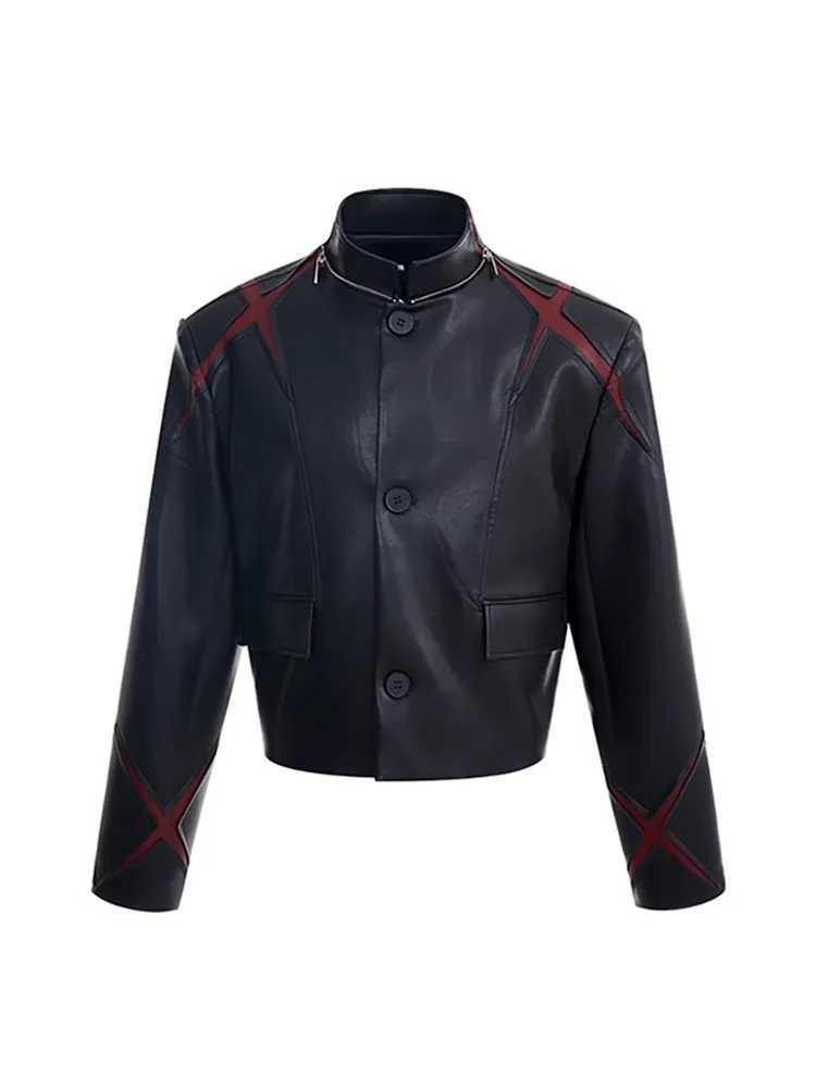 Mauroicardi Spring Autumn Cool Short Patchwork Pu Leather Jacket Men Single Breasted Luxury Designer European Style Clothes 2025 J251014