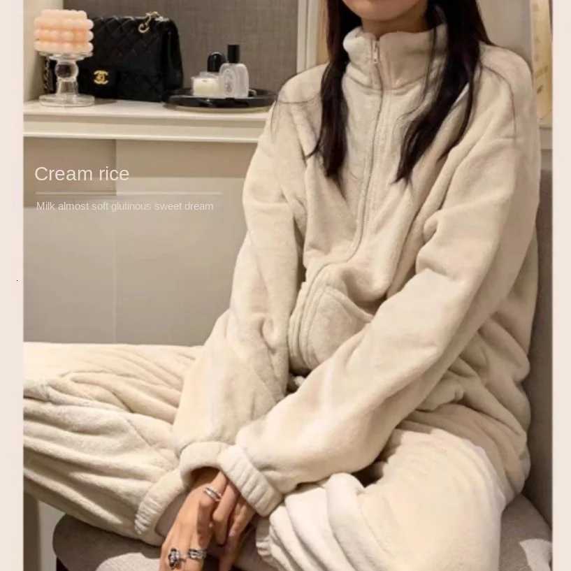 Winter Warm Coral Fleece Women Pajamas Set Thickened Flannel Long Sleeve High Collar Trouser Pijamas Suit Loose Flannel Homewear Y251013