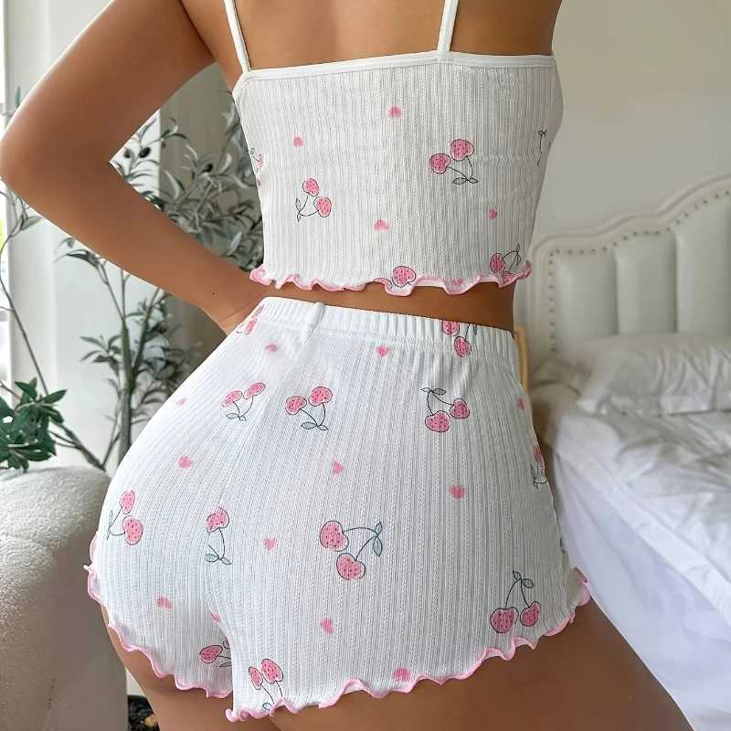 Womens Heart Print Sexy Ribbed Bow Decor Pajama Set Round Neck Backless Comfortable Crop Cami Top Shorts Summer NightwearT251014