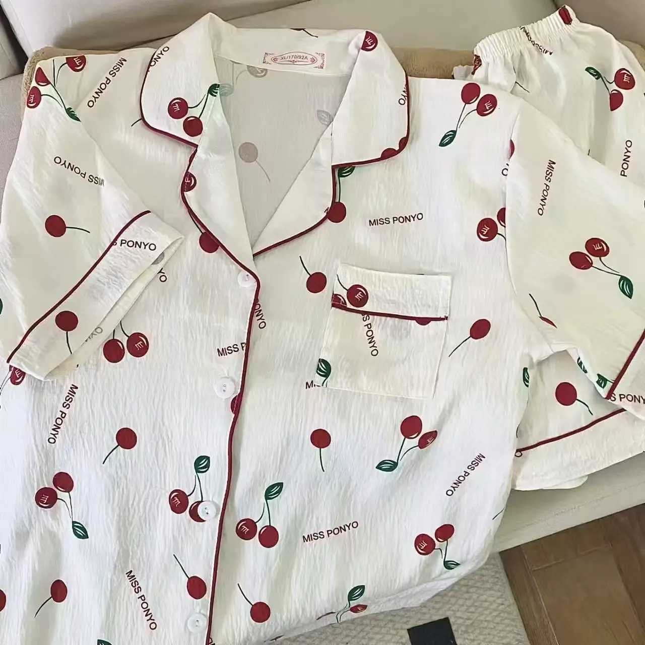 Cherry Letter Print Korean Style Womens Pajamas Set Casual Y2K Outside Summer New 2025 Pajamas Set for Women Sweet Home WearT251014