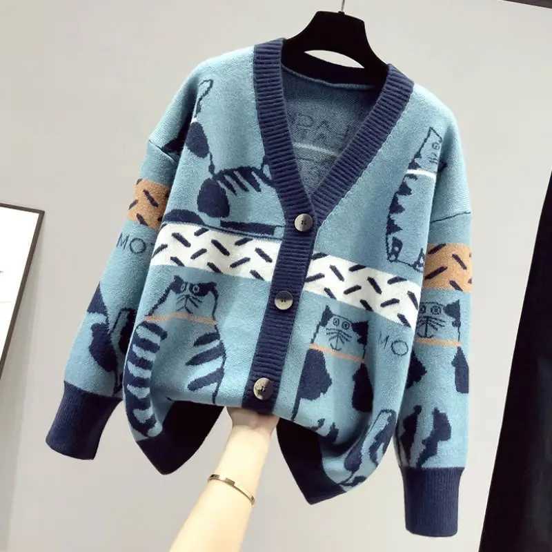 2023 Spring and Autumn New Cartoon Contrast Color Fashion Sweater Womens Vne Knitted Cardigan Coat Trend W251014