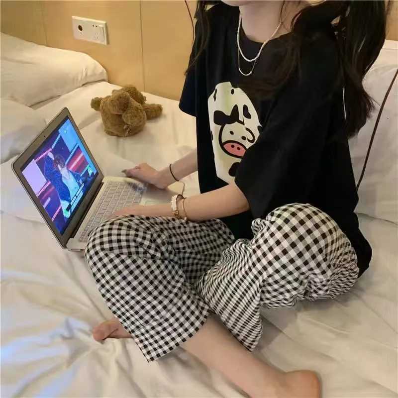 Summer Gilrs Two Pieces Sets Pajamas Short Sleeve Trousers Oneck Homewear Thin Elastic Loose Soft Plaid Cartoon Printing CuteT251014