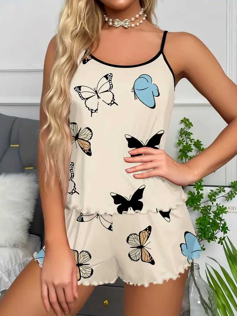 Summer Sleepwear Women Butterfly Print Pajamas Set Lettuce Trim Cami Top and Elastic Waistband Shorts Set LoungewearT251014