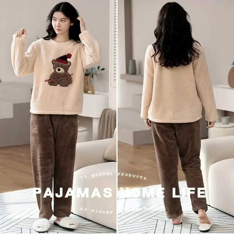 2 Piece Set Thickened Long Sleeve Trouser Set Couple Loungewear Women Flannel Cartoon Bear Gray TwoPiece Set Sleepwear Homewear Y251013