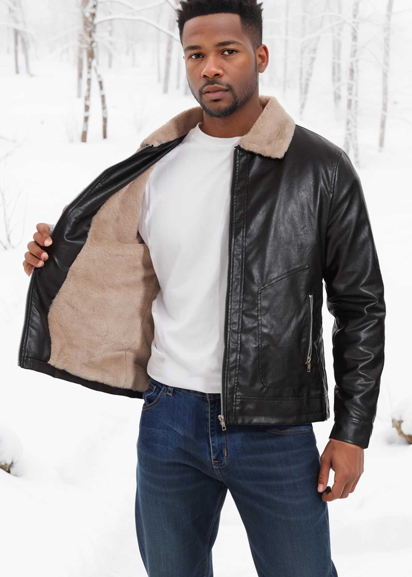 Mens Padded Lapel Leather Jacket Winter Fashion Jacket J251014