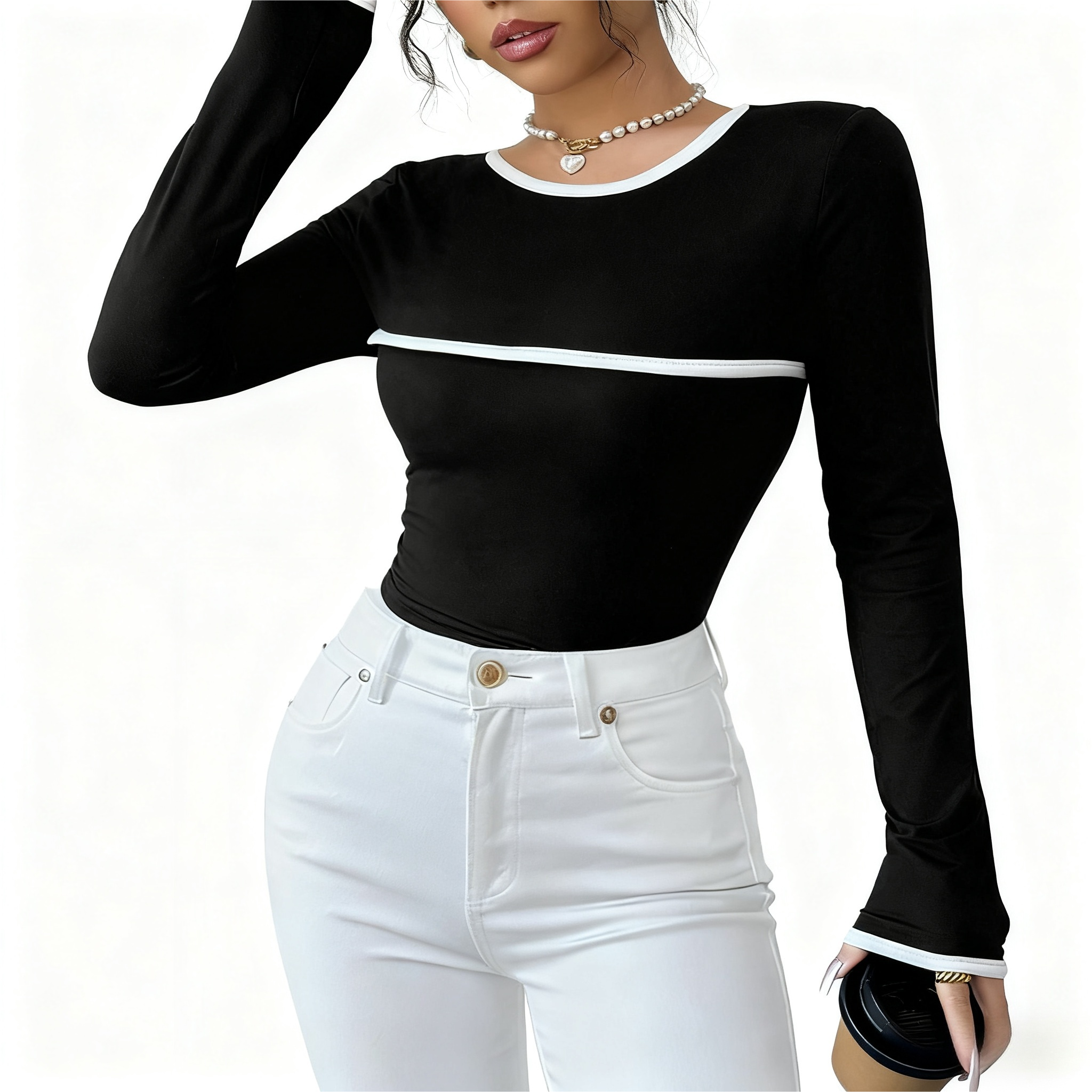 Women's Autumn French Elegant Black & White Contrast Long-Sleeve T-Shirt - Casual & Versatile Top-SZ25128