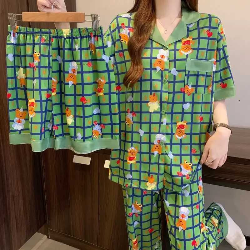 New Pajamas Female Summer Fashion Print ShortSleeved Homewear Suit Korean Cartoon Sweet and Lovely Ladies Homewear 3 PC PajamasT251014