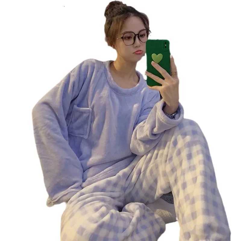 Fashionable Autumn Winter Womens Pajama Set Coral Velvet Long Sleeve Plaid Thickened Flannel Cotton Cute Plus Size HomewearT251014