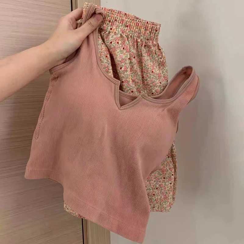 Floral Elastic Waist Pajama Vest With Padded Chest Pajama Pants Home Pants Summer Set For WomenT251014