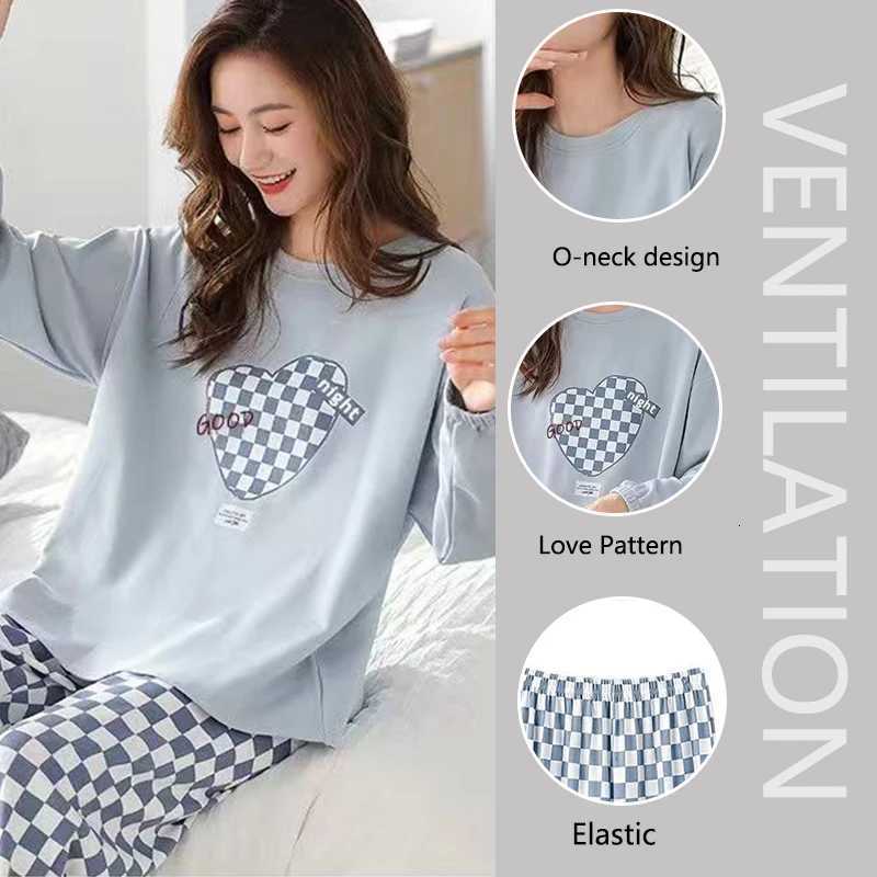 Pajamas Women Long Sleeve Long Pants Set Loose Plaid Student Pajamas Can Be Worn out Household Clothing Plaid Long Pants Blue TwT251014