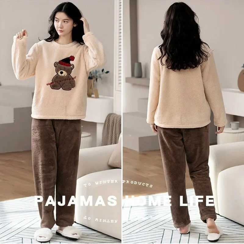 Thickened Warm Large Size Padded Fall and Winter Womens Pajamas Top and Pants Set Coral Velvet Ladies Cartoon Bear 2PCSSetT251014