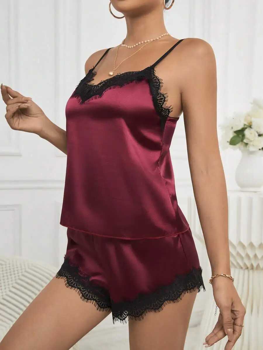 Champagne solid color Women Ice Silk Pajamas Sleepwear Pajama Set Satin Camisole Shorts Low Cut Comfortable Casual SummerT251014