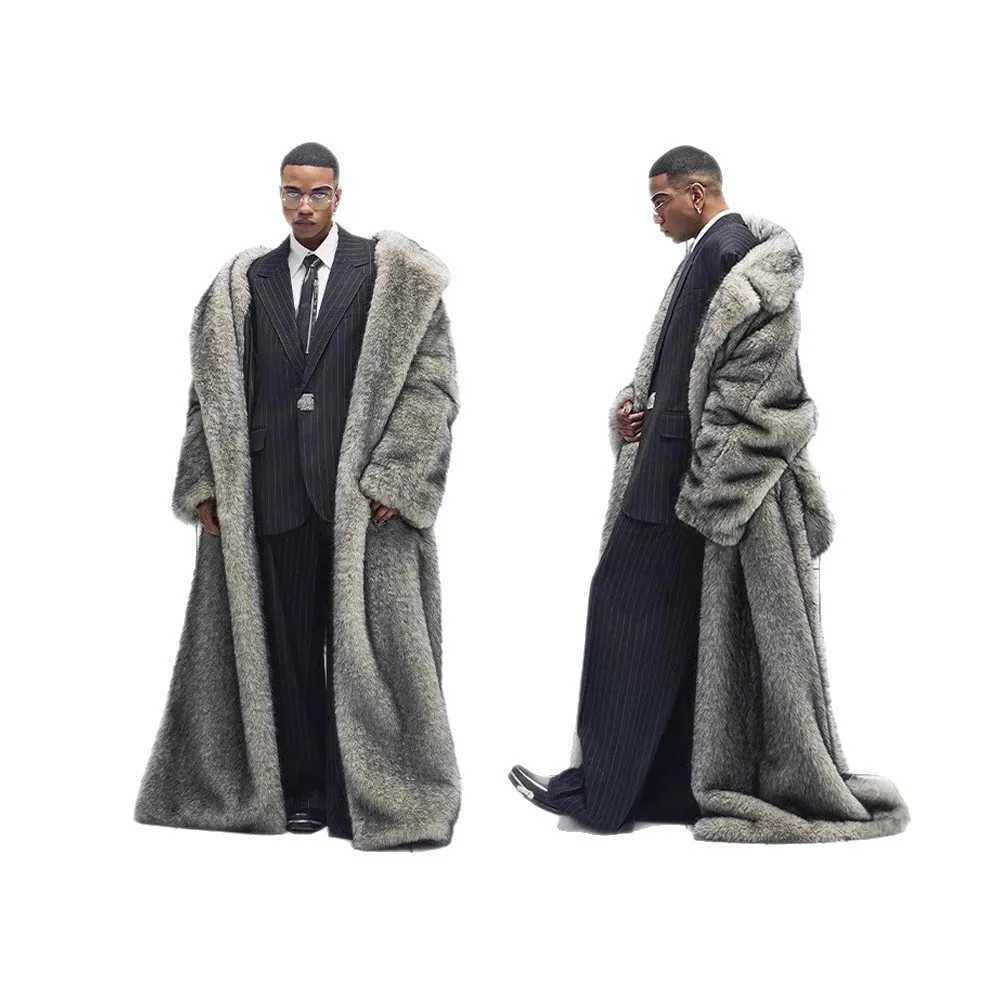 Men Faux Fur Jacket Long Coat Full Length Thick Fluffy Warm Shaggy Outerwear Business Turn Down Collar 2025 Winter Overcoat W251014 - view 6