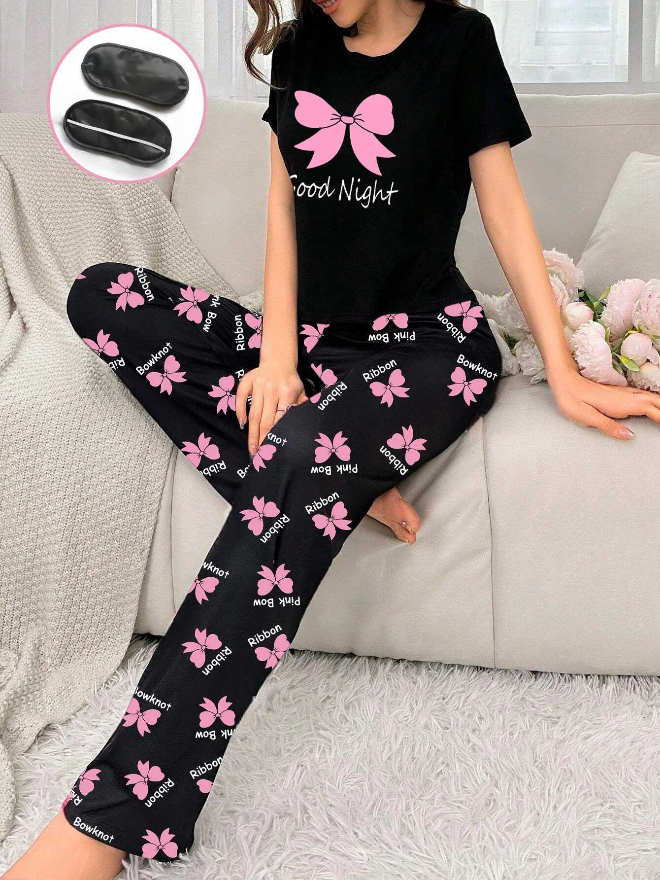 Womens new style bow print shortsleeved trousers twopiece casual comfort home wear eye mask pajamas setT251014