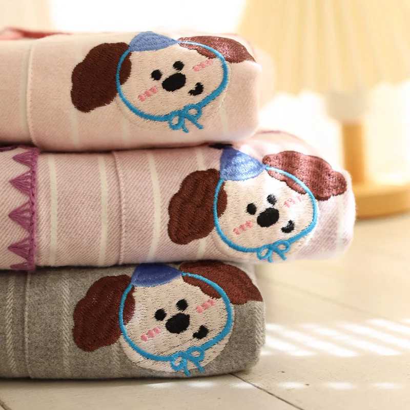 Cute cartoon autumn and winter couple pajamas made of pure cotton brushed highend embroidery warm and casual home clothesT251014