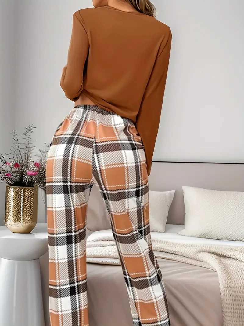 Women Pajamas Set Bear Print Top Long Sleeve Round Neck Plaid Pants Autumn Winter Loungewear Set Casual Soft Sleepwear SetT251014