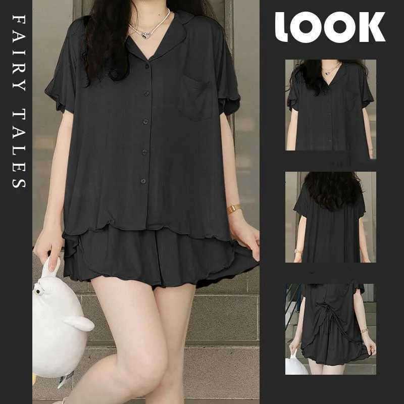 Women Frech Style Pajamas Set Female Solid Ruffles Short Sleeves Pant Home Suit Girl Loose Casual Sweet Loungewear Plus Size 4XLT251014