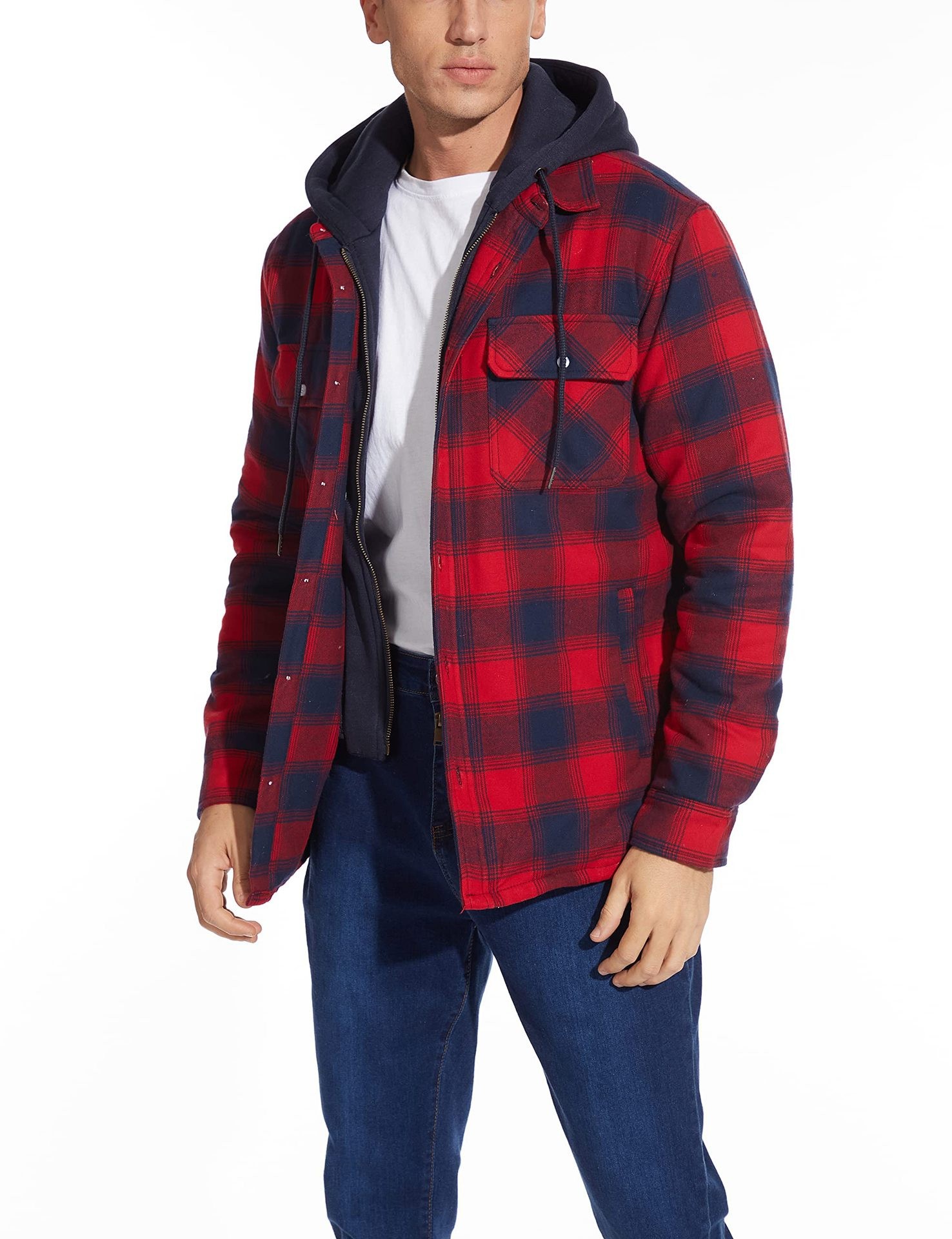 Thick cotton padded plaid long sleeved loose hooded jacket retro British pilot jacket classic plus size loose American lapel woolen tie jacket loose j