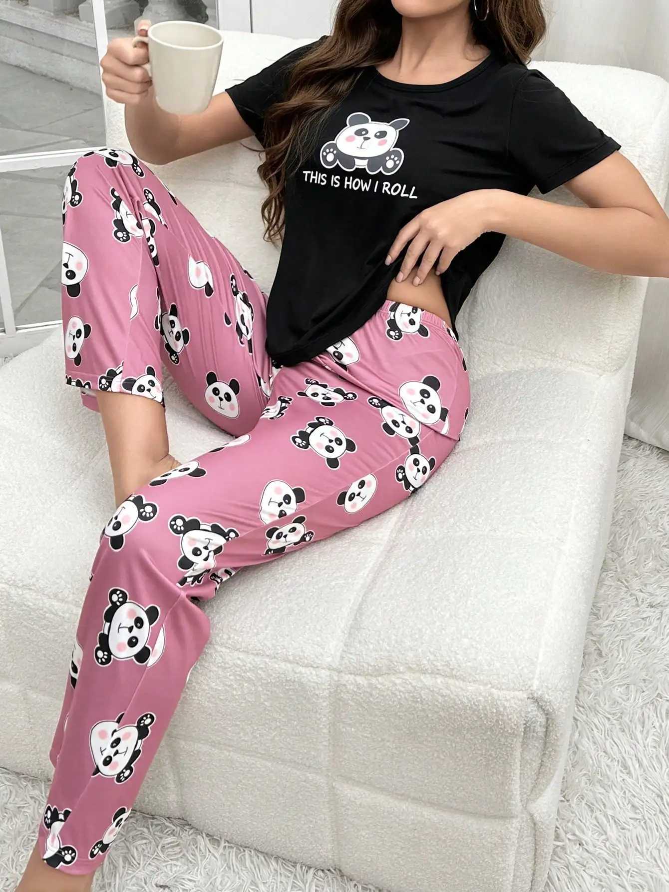2Piece Womens Pajama Set Animal Print ShortSleeved Pants SetT251014
